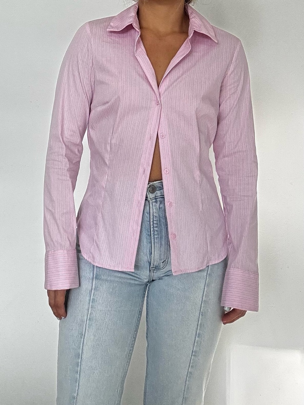 Stradivarius Striped Button Down in Pink & White XS Like New